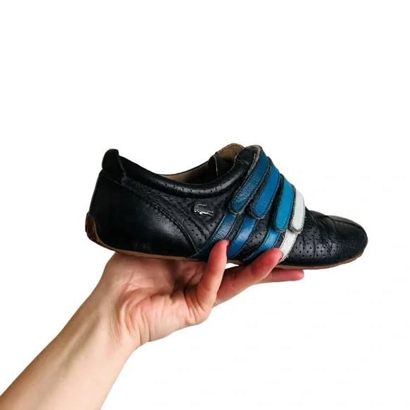 LACOSTE Mystere Punched Striped Velcro Leather Sneaker Black Blue Sz 5.5 US/ 36 - Picture 5 of 13